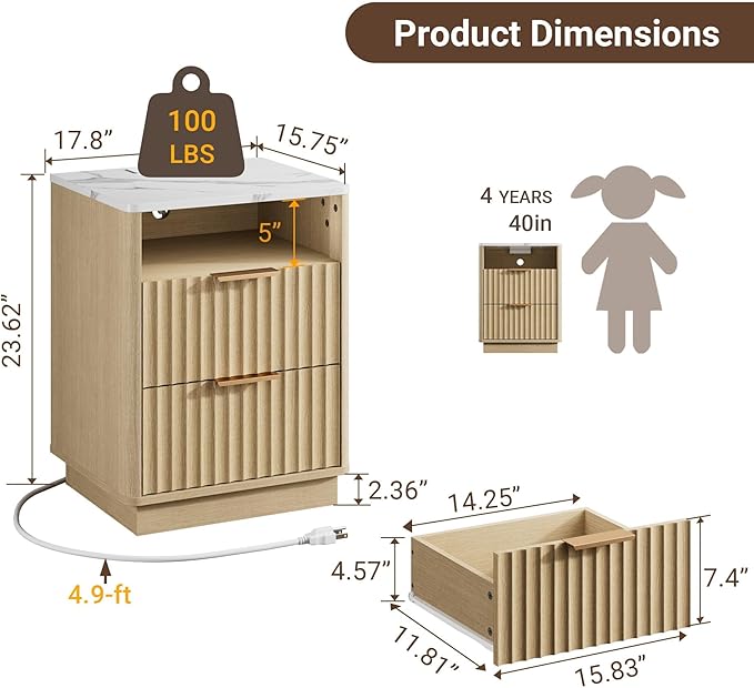 Fluted Night Stand Set 2 with Charging Station, 18" Mid-Century Modern Nightstand with Faux Marble Top, 2 Drawers End Table with Storage for Bedroom Living Room, Curved Profile, Natural Oak