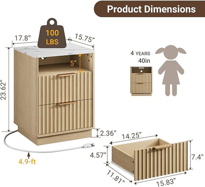 Fluted Night Stand Set 2 with Charging Station, 18" Mid-Century Modern Nightstand with Faux Marble Top, 2 Drawers End Table with Storage for Bedroom Living Room, Curved Profile, Natural Oak