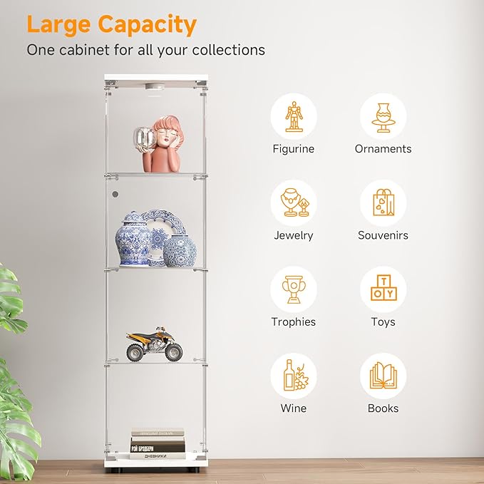 Tempered Glass Display Cabinet with Lights, 4-Tier Curio Cabinet with Glass Doors and Lock, Glass Display Case for Collectibles, for Living Room, Bedroom, Office, White, Single Door
