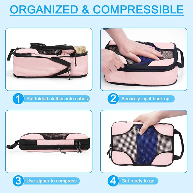 6 Set Compression Packing Cubes for Travel Women, Compression Bags Organizer for Packing Luggage Space Saving, Suitcase Organizer Set for Travel Essentials - Pink