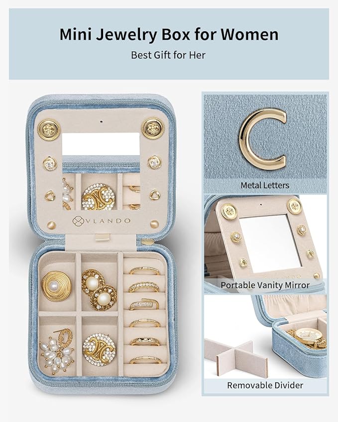 Vlando Travel Essentials for Women Jewelry Box, Travel Accessories for Teen Girl Trendy Stuff, Necklace Organizer Earrings Ring Organizer, Travel Must Have Jewelry Organizer - Letter C, Blue