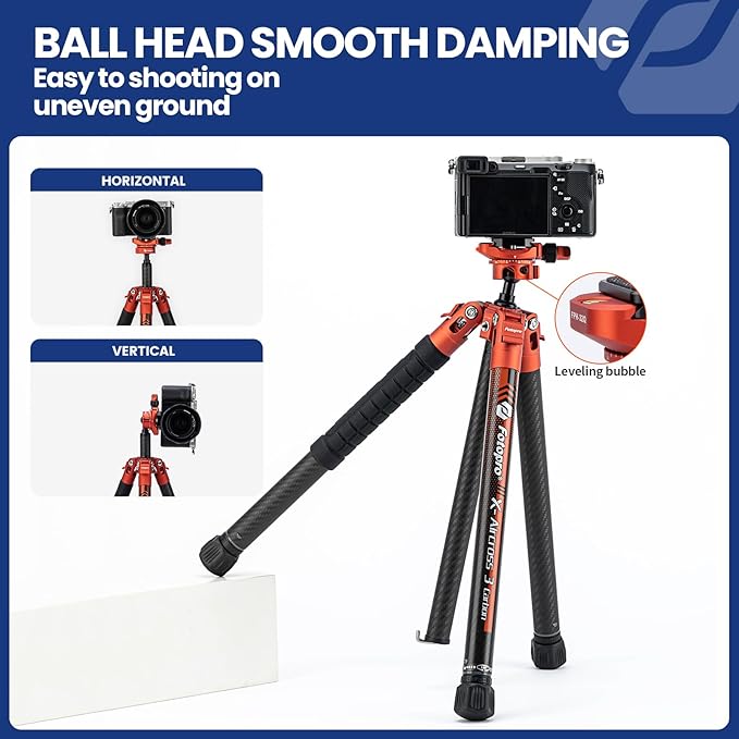 Fotopro Carbon Fiber Tripod 1.7lbs Ultralight 62 Inch Portable Compact Travel Tripod for Camera DSLR Load up to 22lbs X-Aircross 3 Lite Orange
