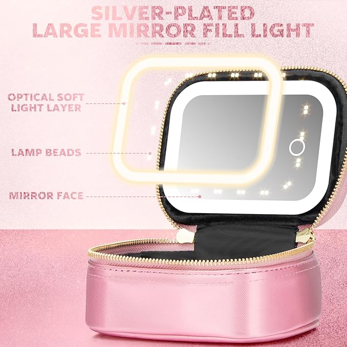 Small Makeup Bag Travel Train Case with Mirror and Light Mini Travel Make up for Women Train Case Cosmetic Organizer 3 Adjustable Brightness Toiletry Bag Portable Artist Storage