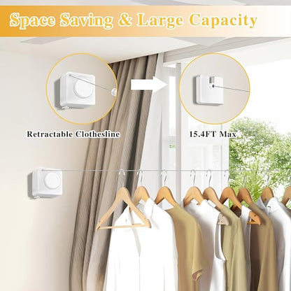 Retractable Clothesline Indoor, Non-Sagging Outdoor Clothes Line retracting,15.4 Ft Heavy-Duty Clothes Drying Laundry Line,Wall Mounted Stainless Steel Line (White)