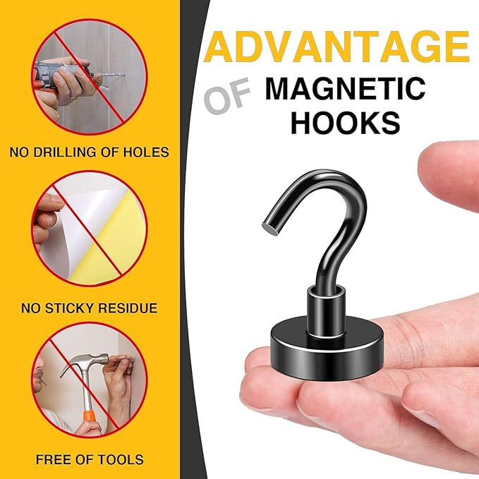DIYMAG Magnetic Hooks Black 85 LB Heavy Duty Strong Magnet with Hook Rare Earth Neodymium Magnets for Hanging Magnetics Hanger for Curtain Home Kitchen Workplace 12 Packs