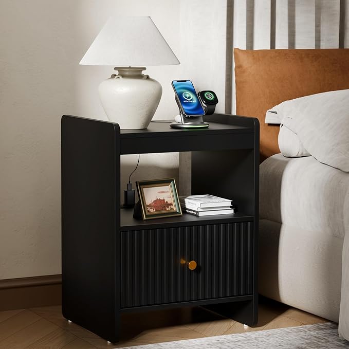 HIFYOBRO 21.6" Tall Fluted Nightstand, End Table with Charging Station and LED Light, Modern End Side Table with Drawer (Black)