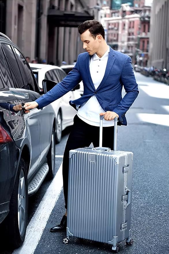 HotWay 3-Piece Luggage Sets with Aluminum Frame, PC Hard Shell Suitcase with Spinner Wheels and TSA Lock, Large Suitcase for Travel, Silver