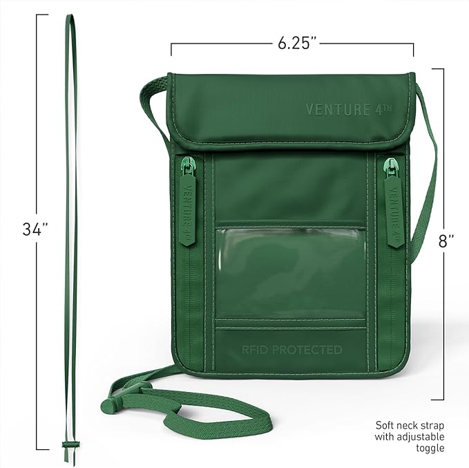 VENTURE 4TH Passport Holder Neck Wallet with RFID Blocking Nylon Lining - Hidden Neck Pouch for Travel (Sleek Army Green)