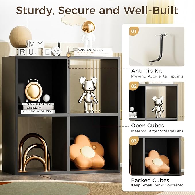 COMHOMA 4 Wood Cube Storage Organizer with Open Back and Removable Back Panels, 11In Black Cube Storage Bookshelf, Cubicle Shelf Bookcase for Home Office Bedroom Living Room, Vertical or Horizontal