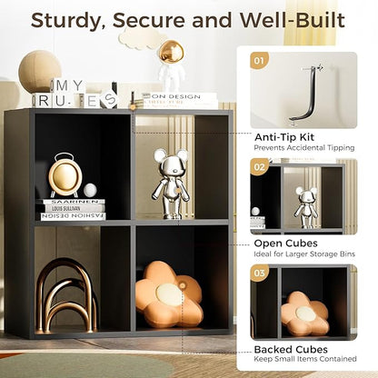 COMHOMA 4 Wood Cube Storage Organizer with Open Back and Removable Back Panels, 11In Black Cube Storage Bookshelf, Cubicle Shelf Bookcase for Home Office Bedroom Living Room, Vertical or Horizontal