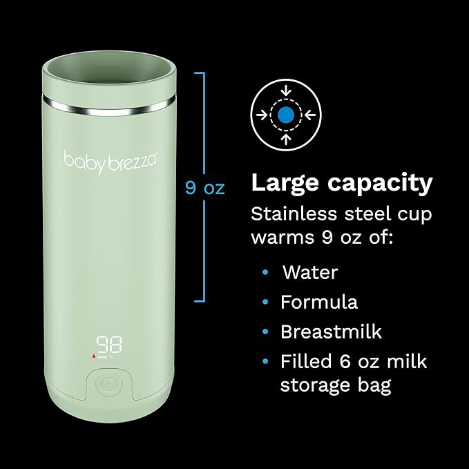 Baby Brezza SuperFast Portable Baby Bottle Warmer – 67% Faster - Travel Breastmilk Warmer and Formula Warmer - Safe, Even Heating - Up to 9oz - No Adapters, Green