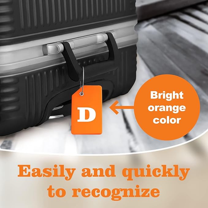8 Pcs Luggage Tags for Suitcases, 26 Initial Letter Travel Luggage Baggage Identification Labels ID Tags Fully Bendable Tags with Stainless Steel Loop (Letter D, Orange)