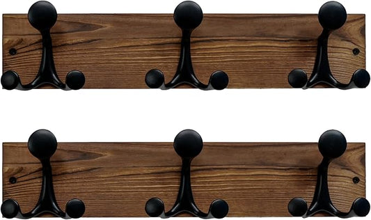 SKOLOO 17-Inch Wood Coat Rack Wall Mount with 3 Triple Hooks - Ideal for Family Entrances, Classrooms, and Pet Supplies Storage - Perfect Coat Hooks for Wall,Charred Golden Brown, Pack of 2