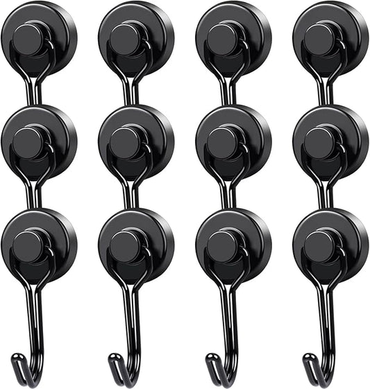 MIKEDE 12 Pack Magnetic Hooks, 40Lbs Heavy Duty Neodymium Magnet Hooks Black Magnetic Swivel Hooks for Hanging, Rust Proof Strong Magnets with Hook Magnetic Metal Hanger for Toolbox, Storage