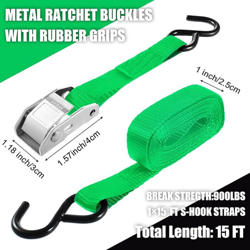 16 Pcs Cambuckle Tie Down Straps 1763lbs Break Strength Securing Straps 1'' x 15 ft Cambuckle Tie Downs with S Hook for Motorcycle, Kayak, Car, Truck, Boat Moving, Securing Cargo(Green)