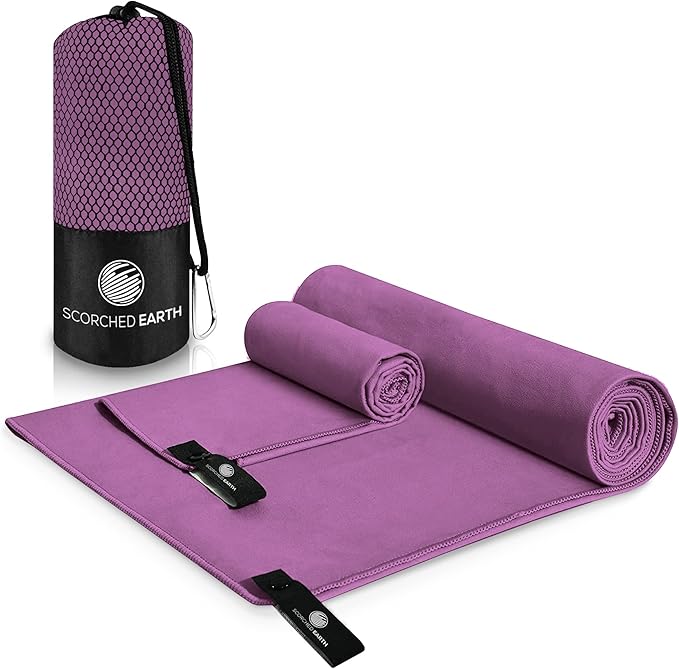 ScorchedEarth Microfiber Travel & Sports Towel Set - Quick Dry, Super Absorbent, Compact, Lightweight - for Camping, Backpacking, Hiking, Beach, Yoga, Swimming - Includes 2 Sizes + Carrying Bag & Clip