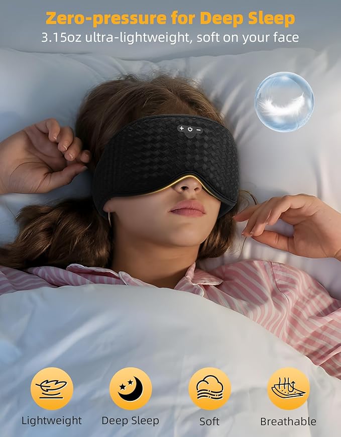 3D Contoured Sleep Mask with Bluetooth Headphones, Adjustable Blackout Sleeping Mask, Easy Installation Sleeping Headphones with Ultra-Thin Stereo Speakers for Men, Women - Black