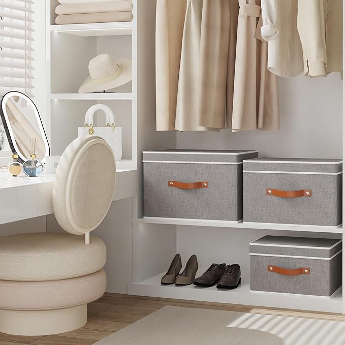 Fabric Storage Bins with Lids, Linen Foldable Clothes Boxes, Closet Organizer Containers with Double Handles, Baskets for Bedroom, Grey, 1 Pack, 13 x 9.1 x 7.9 Inch