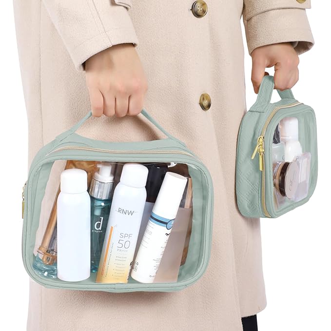 PACKISM TSA Approved Toiletry Bag, 2 Pack Clear Makeup Bags with Handle Large Opening, Clear Toiletry Bag Fit Carry-on Travel Essential, Travel Bags for Toiletries, Laurel Green