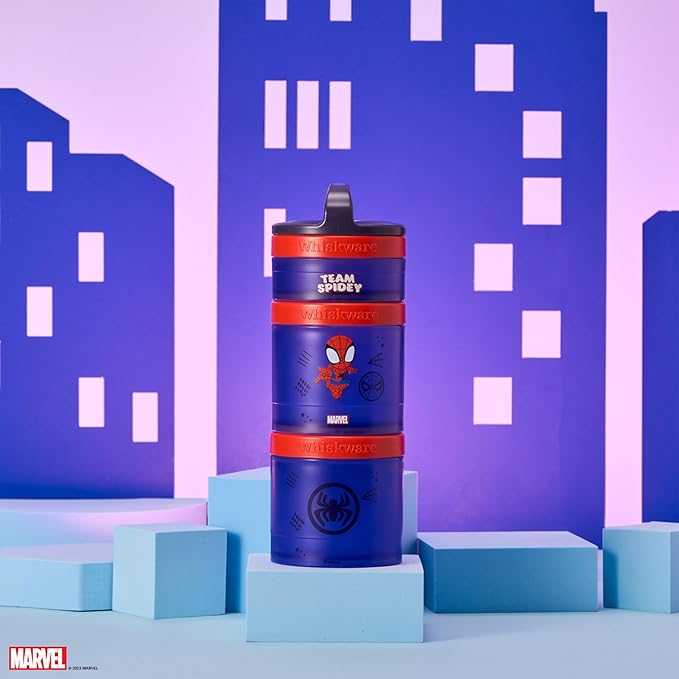Whiskware Spider-Man Team Spidey Stackable Snack Containers for Babies, Kids, and Toddlers, 3 Stackable Snack Cups for School or Travel, Cupholder Friendly, Peter Parker