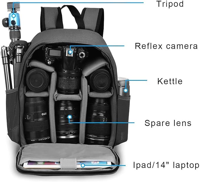 CADeN Camera Backpack Bag Professional for DSLR/SLR Mirrorless Camera Waterproof, Camera Case Compatible for Sony Canon Nikon Camera and Lens Tripod Accessories Gray
