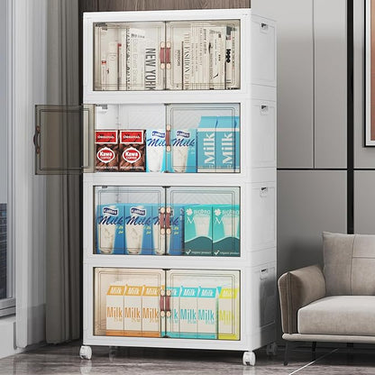 220Qt Stackable Storage Bins with Lids, 4 Pack Collapsible Storage Bins with Wheels, Plastic Cabinet with Doors, Foldable Closet Organizers for Home, Dorm, Office, White