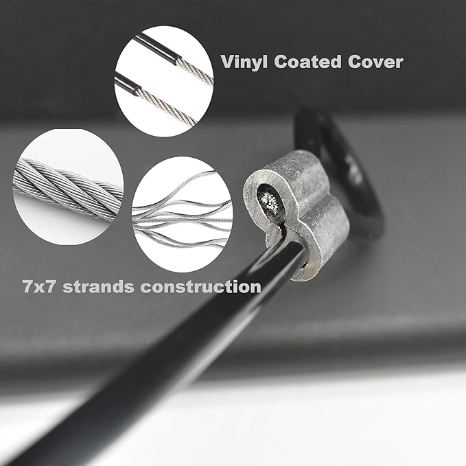 5 Pcs 4mm Wire 48 inch Vinyl Coated Stainless Steel Cable with Loops Short Wire Rope Lanyard Lock Security Chain Link for Outdoor Gates, Black(4mm x 48inch)