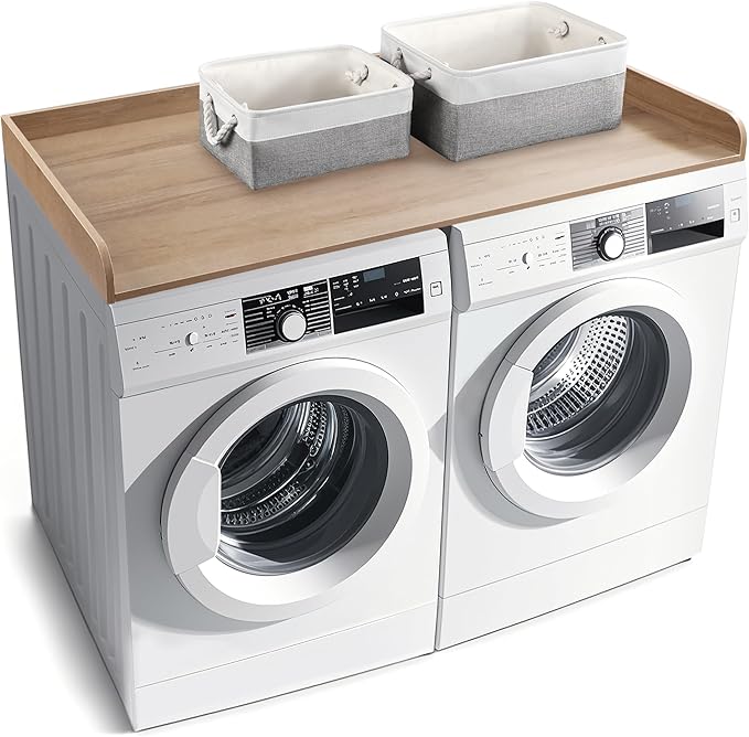 Washer Dryer Countertop with 2 Pack Storage Baskets, Wood Washer and Dryer Countertop with Non-Slip Pads/Edge Rails for Laundry Room Storage and Organization, 27.5" W x 54" L(Woodcolor)