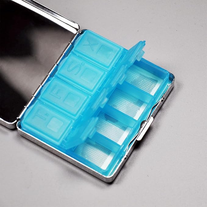 Silver Vintage Pill Box 7 Day Metal Pill Box with Mirror and 8 Compartments Cute Travel Pill Organizer for Purse (Western Boots)