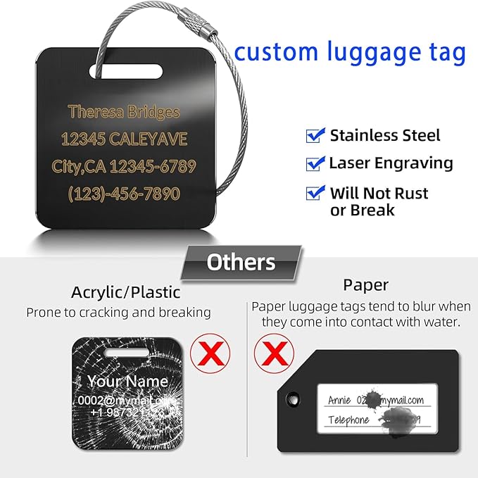(5Pack Made in USA) Custom Personalized Luggage Tags-Customized Unique tag for Suitcase Backpack Travel,Bags (Blue (2 × 2))