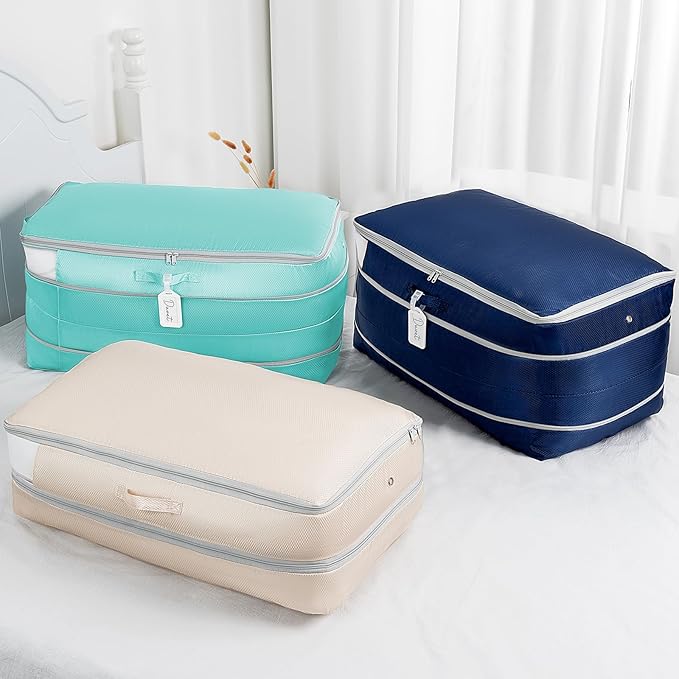 Comforter Storage Bag - Large Capacity Bedding Storage Bags Ultra Space Saving Self Compression Organizer, Washable Compression Bags for Storage Comforter Blanket Duvet Pillow, 4-Pack, Blue
