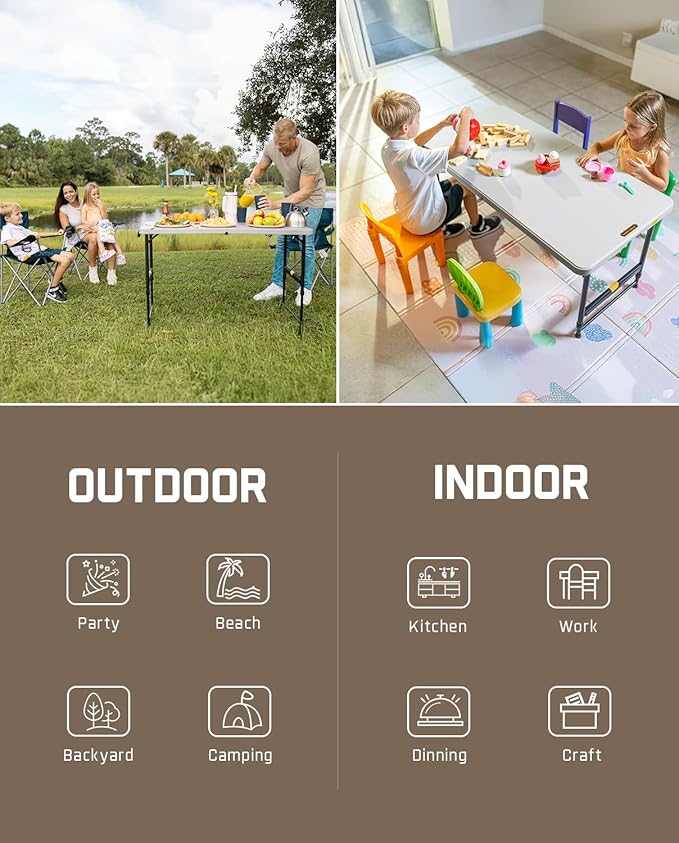 FanttikOutdoor 4ft Portable Folding Table, One-Handed Height Adjustment, 4 Heights, Gravity Lock, Carry Handle, Indoor Outdoor Heavy Duty Fold-in-Half Utility Table, Party, 2-Pack, Grey Zeta X4 Pro