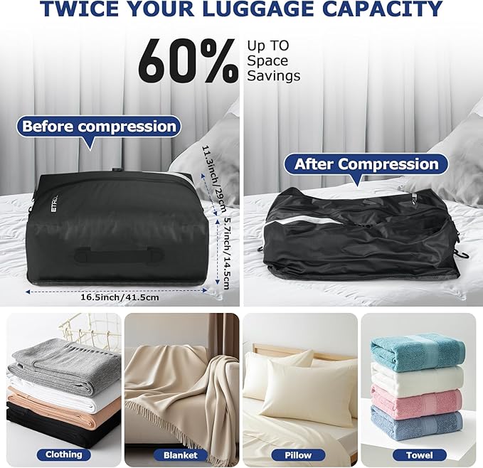 TPU Vacuum Bag for Travel, 70D Nylon Reusable Compression Bag with IP67 Waterproof Zipper, Compression Packing Cubes for Clothing, Space Saver Bags for Luggage and Backpack(Gray-2 PCS)