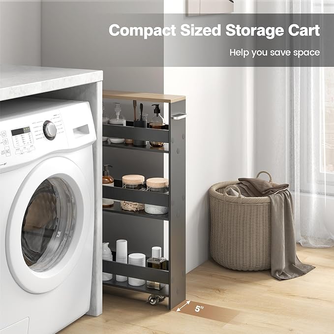 LOKO Slim Storage Cart, 4-Tier Rolling Cart with Handle & Wooden Top for Kitchen Bathroom Laundry Living Room Narrow Small Spaces, 5 Inches Width (Grey & Natural)