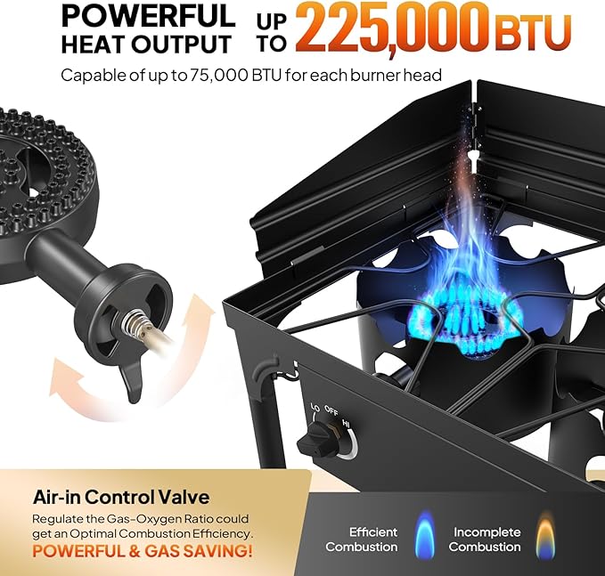 ROVSUN 3 Burner Propane Gas Stove with Carrying Bag, 225,000 BTU Patio Outdoor Camping Burner with Wind Panel & CSA Listed Regulator, Picnic Cooker for Home Patio Cooking Brewing Turkey Frying Canning