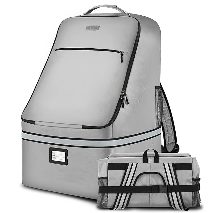 Car Seat Travel Bag,Padded Car Seats Backpack with Steel Cable Handle and Reflective Stripes, Large Durable Carseat Carrier Bag,Airport Gate Check Bag,Infant Seat Travel Bag with Shoulder Strap,Grey