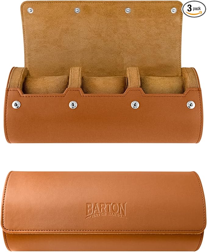 Barton Leather Watch Roll for 3 Watches | Convenient Organizer Case for Travel & Storage | Fits Classic & Smart Watches (Up to 46mm) | Compact, Durable, Lightweight, Stylish - Brown