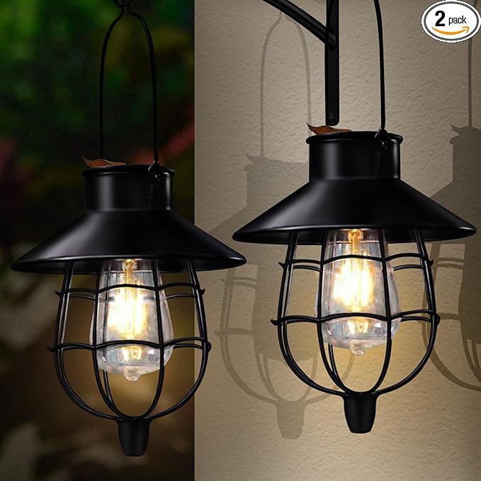 2 Pack Solar Lanterns Outdoor Waterproof Hanging Solar Lights with Vintage Metal Warm White Light Edison Bulb Design, Decorate for Garden Yard Porch and Christmas(Black)