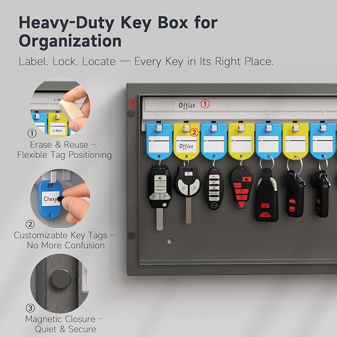 16-Key Cabinet Organizer, Key Lock Box Secured Key Holder for Valets, Hotels, Car & House Keys Black