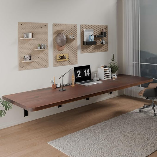 IAE Floating Wall Mounted Folding Table Desk with Pine Wood,72" x 22" Foldable Workbench,Fold Down Wall Mounted Foldable Desk with Shelf Brackets,Laundry Folding Table for Home,Dining,Kitchen,Brown