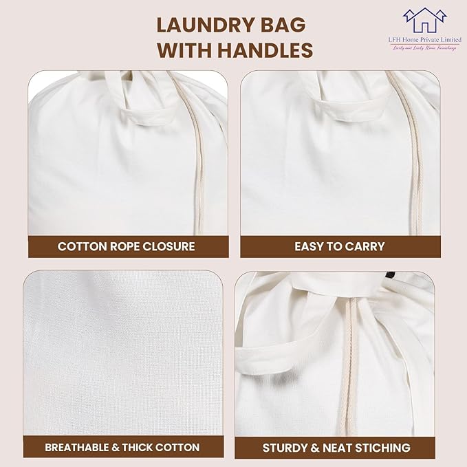 LFH Home Cotton Canvas Large Laundry Bag with Handle, Heavy Duty Drawstring Closure Washable Laundry Bags, School Travel, Home, Hotel, College Dorm, Organizer Sack, Toy Clothes 24x36 (Pack of 6)-White