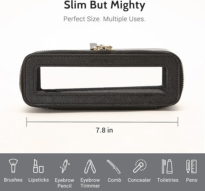 Aveniee Clear Makeup Brush Bag,Slim Cosmetic Brush Holder,Small Toiletry Bag Mini Travel Case for Women,Thin Make up Bags with Dual Zipper,Cute Travel Essentials Organizer,Black
