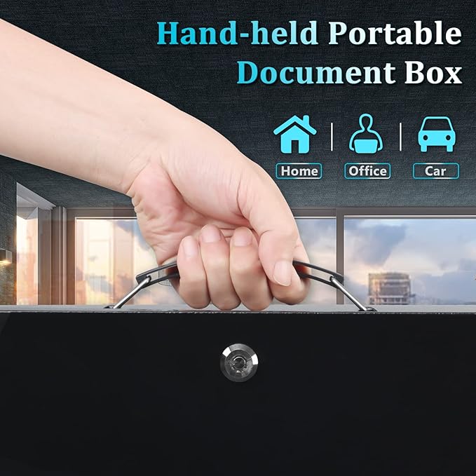 Dalmbox Portable Metal Safe Box with Key Lock - Fire Resistant Storage for Documents, Car, Home and Outside - X Large 13.2"x 11"x 5.1" Black Box