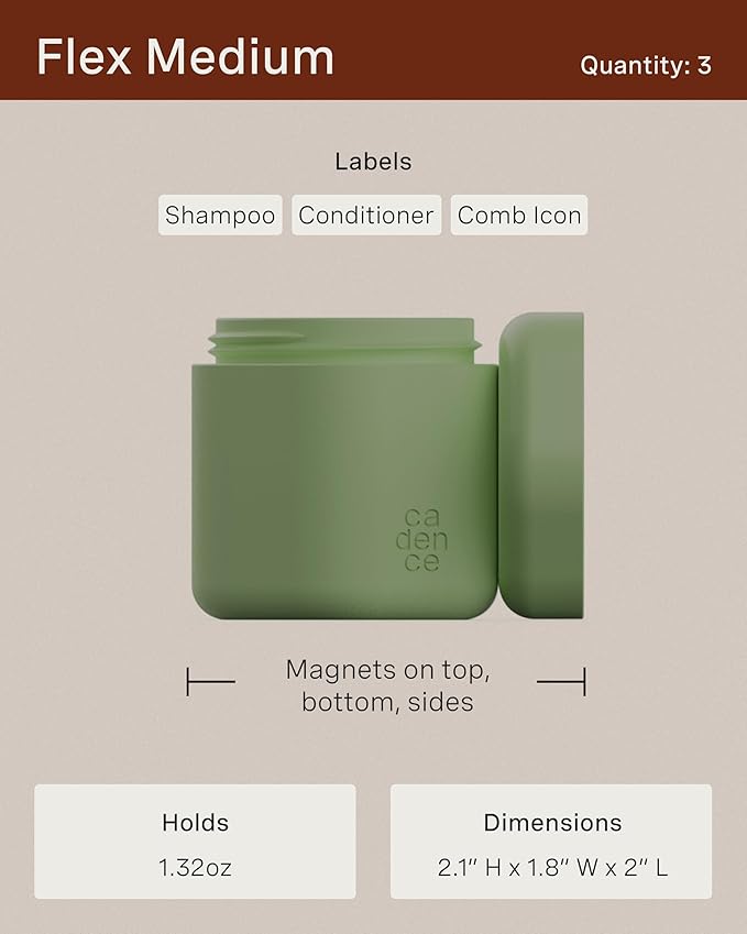 Cadence Travel Containers Haircare Capsule Set - Magnetic Containers with Lids,Carry On Travel Essentials For Women/Men - 3 Flex Mediums (1.32oz) - Shampoo, Conditioner & Comb Icon Labels - Pacific