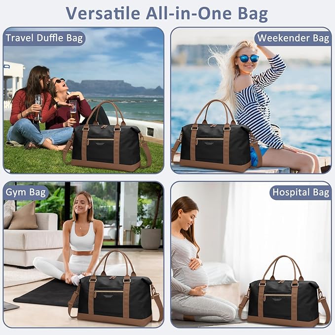 Travel Duffle Bag for Women, Weekender Bags, Hospital Bag for Labor Delivery, Lightweight Tote Duffel Overnight Bag with Luggage Sleeve, Airplane Travel Bags with Toiletry Bag, Large, Black