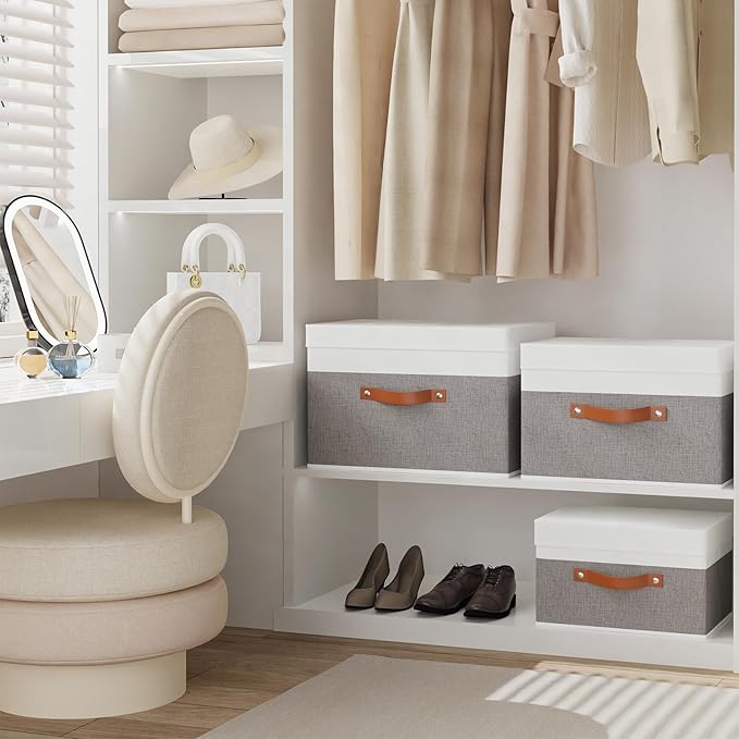 Fabric Storage Boxes with Lids, Linen Foldable Cloth Baskets, Closet Organizer Containers with Double Handles, Sweater Bins for Bedroom, White and Grey, 1 Pack, 13 x 9.1 x 7.9 Inch