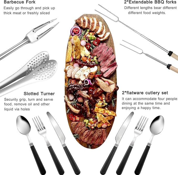 Camping Cooking Utensils Set - Camping Utensil Set Car Camping Cooking Essentials Gear for Camp Kitchen Cooking and Grilling, Stainless Steel & Silicone Ideal Gift for RV Tent Camper