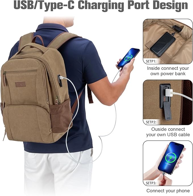 Tzowla Canvas Laptop College Backpack for Men and Women,Travel Work Vintage Rucksack with USB/Type-C Charging Port,Lightweight Hiking Casual Daypack Backpacks fit 15.6 inch Notebook,Brown