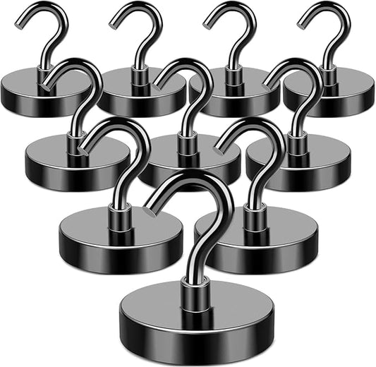 MIKEDE Black Magnetic Hooks Heavy Duty, 170LB+ Strong Neodymium Magnets for Refrigerator, Magnetic Hooks with Epoxy Coating for Hanging, Magnets with Hooks for Cruise, Home, Workplace - 10 Pack