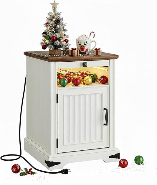 IRONCK Farmhouse Nightstand with Charging Station and LED Light, Wood Side Table with Storage Cabinet & Open Shelf，Bedside Table with Pull-Out Shelf for Bedroom, White